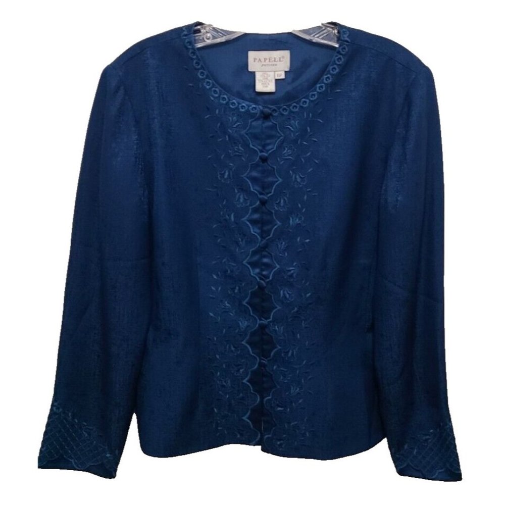 Adrianna Papell Women's Long Sleeve Button Up Blouse Embroidered Silk Blue 10P